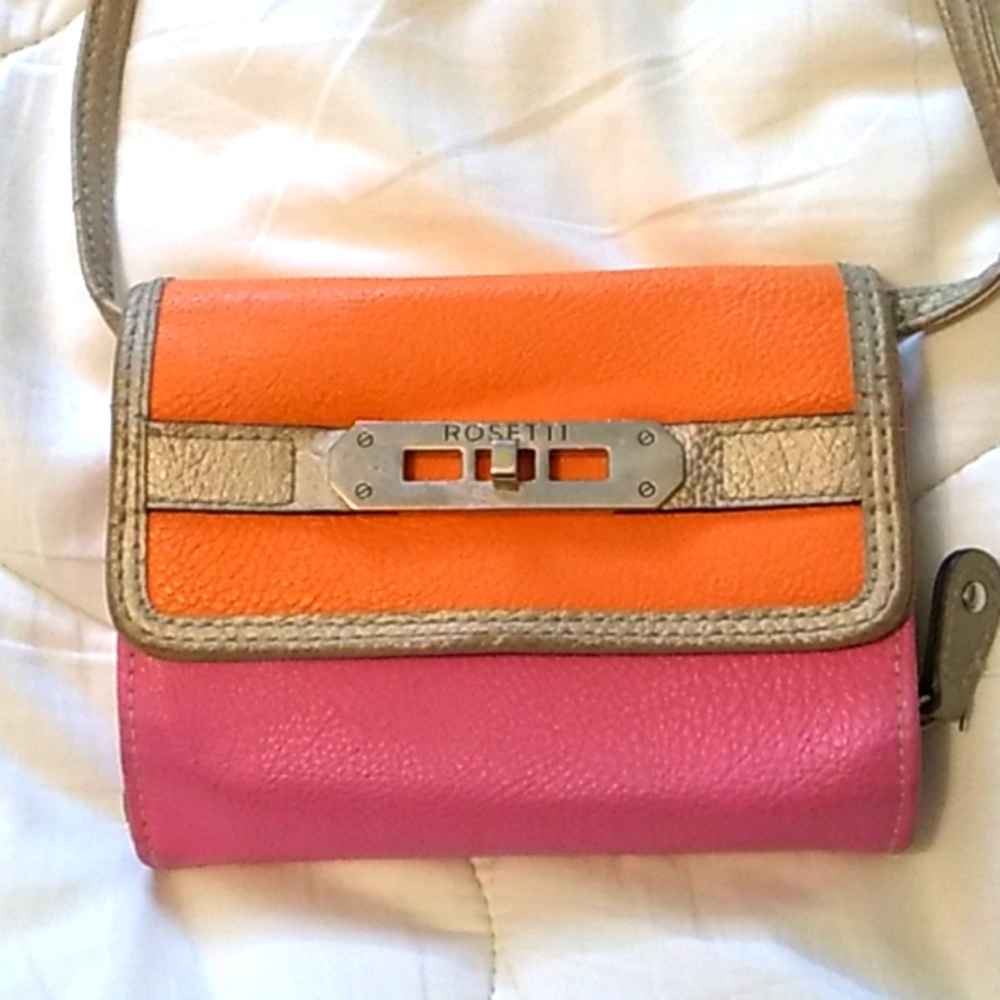 Rosetti long strap clutch purse pink and orange